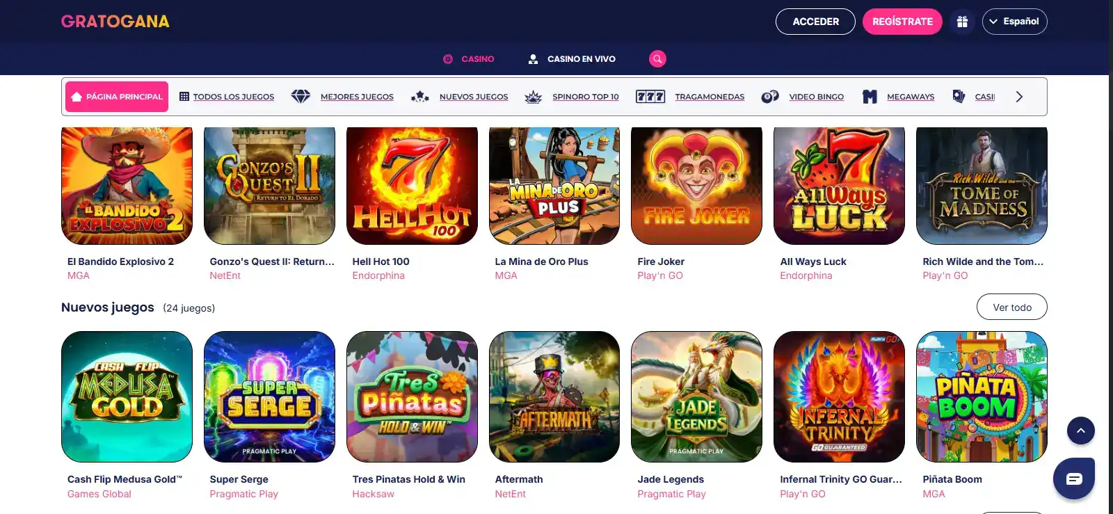 Lobby de juegos de Gratogana con categorías visibles