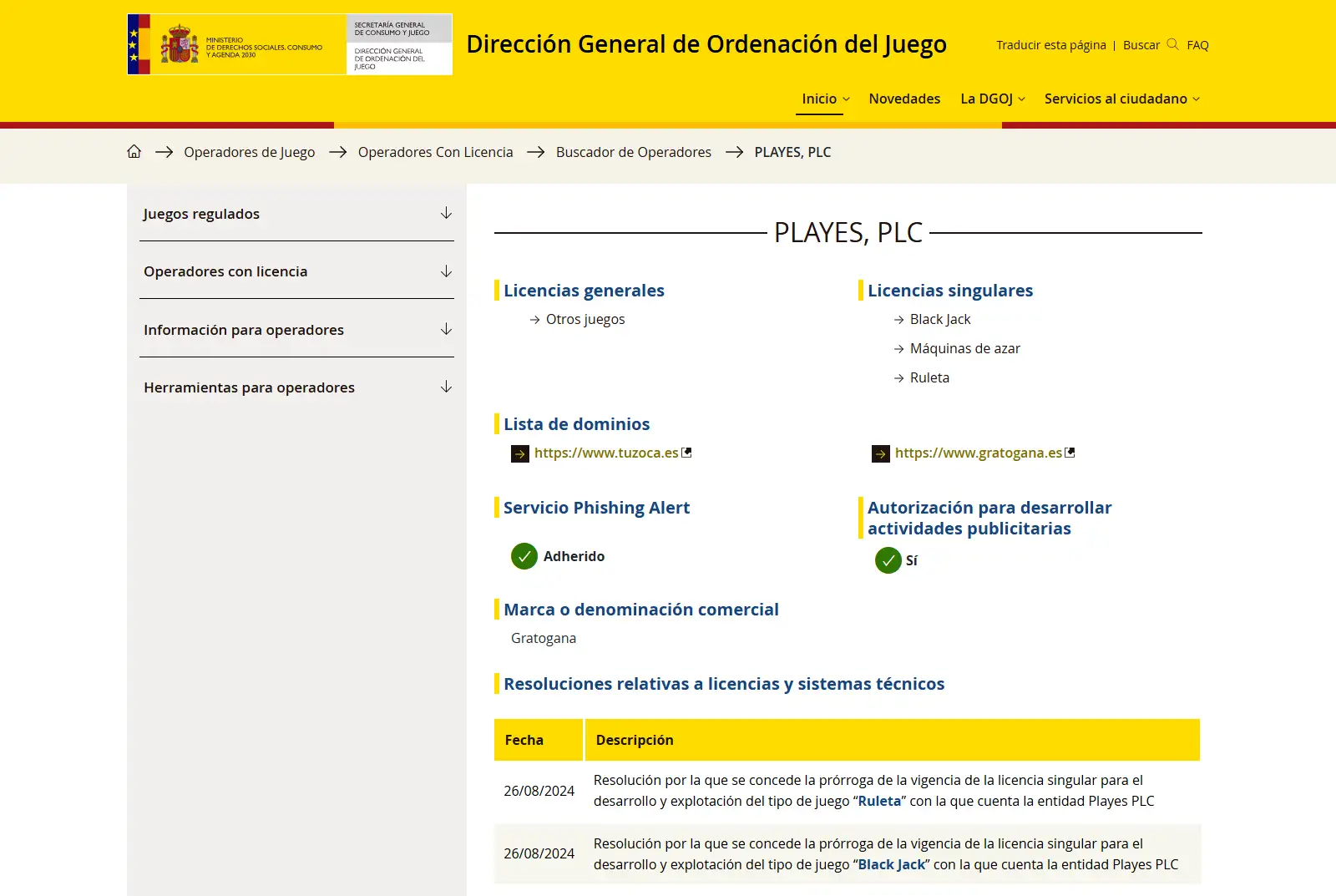 Ficha DGOJ de PLAYES, PLC con Gratogana, gratogana.es y las categorías de licencia visibles