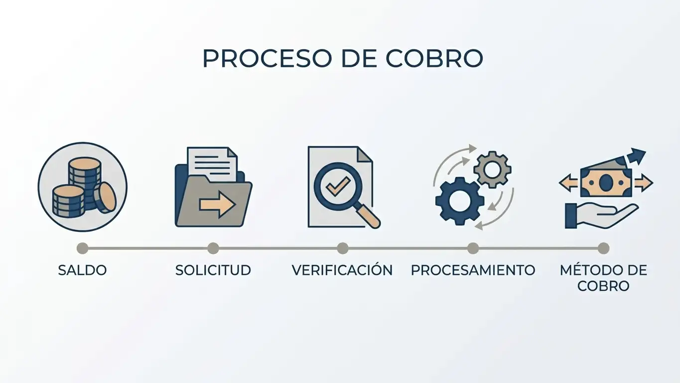 Ilustración editorial del flujo de retirada desde saldo, solicitud y verificación hasta el método de cobro