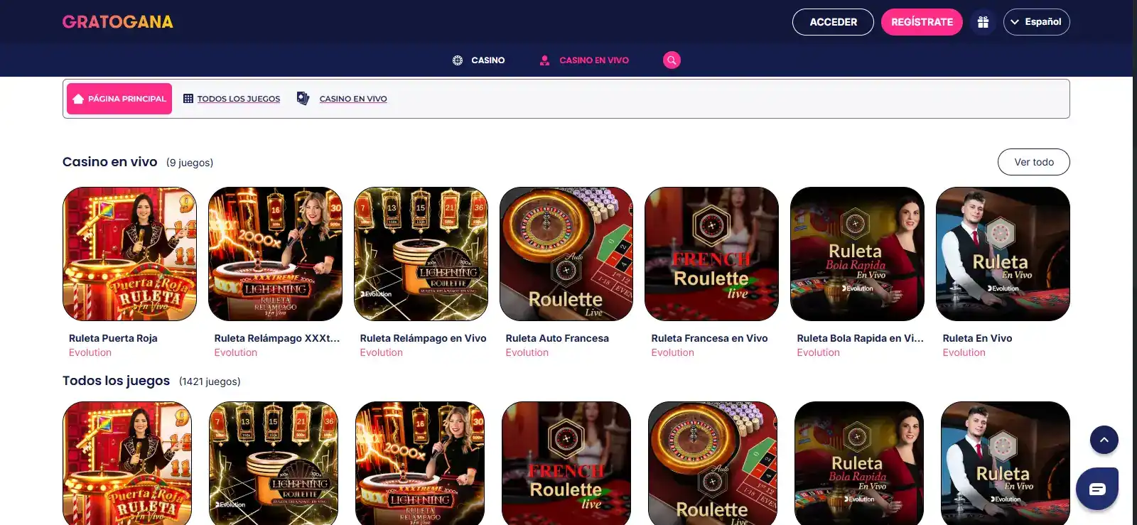 Sección de casino en vivo de Gratogana con mesas de ruleta visibles