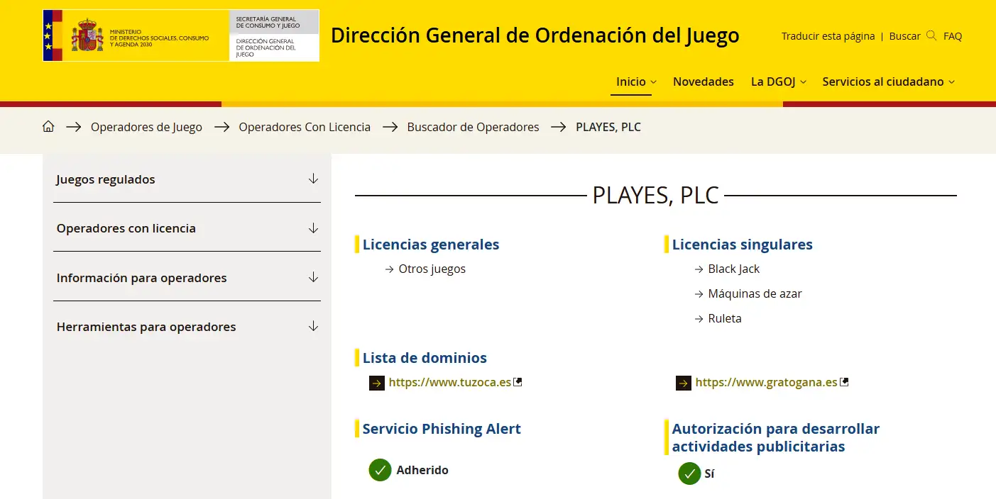 Ficha DGOJ de PLAYES, PLC con Gratogana y gratogana.es