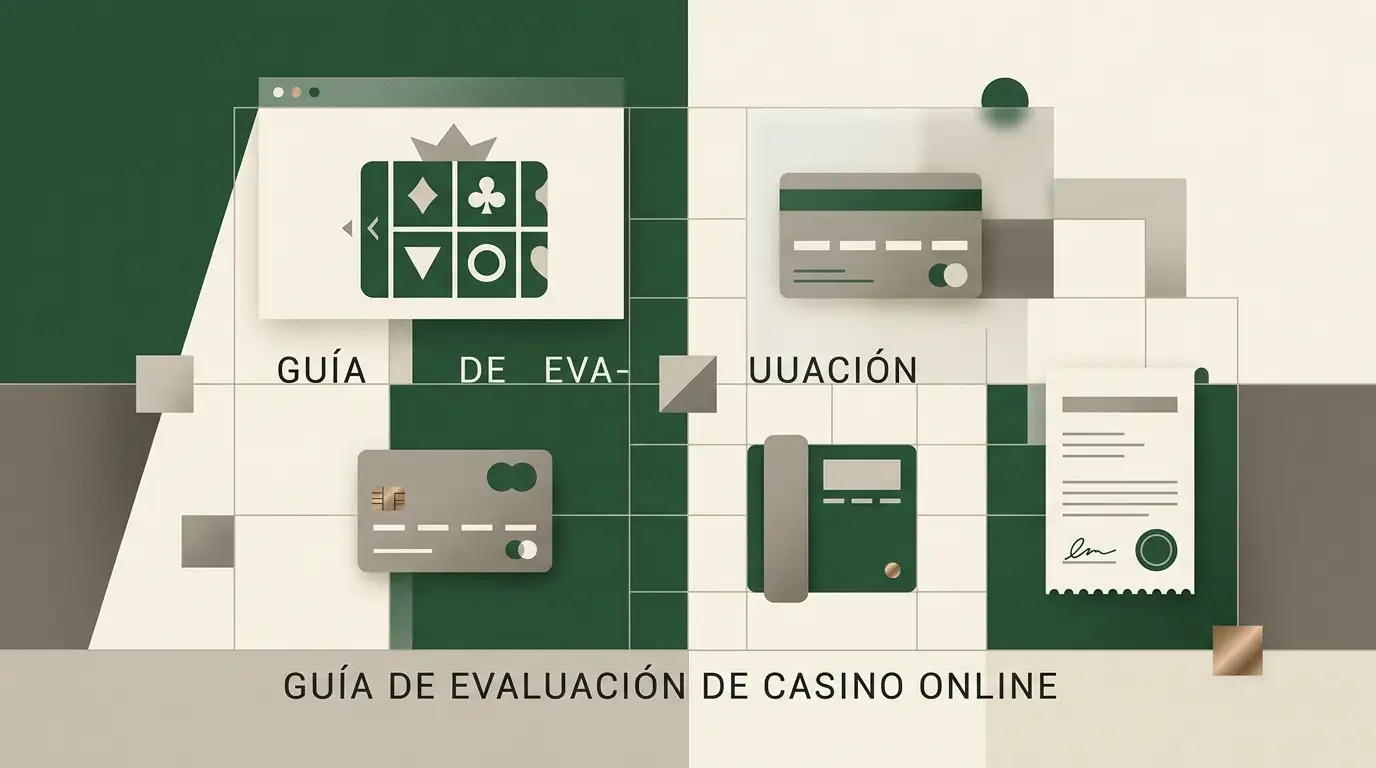 Ilustración editorial de una evaluación de casino online por juegos, pagos, móvil y verificación